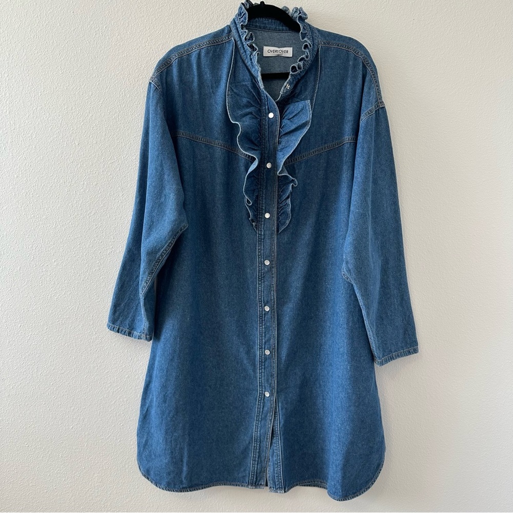 OVERLOVER | Catalina Ruffle Denim Shirt Dress with Pearl Buttons (size Medium)